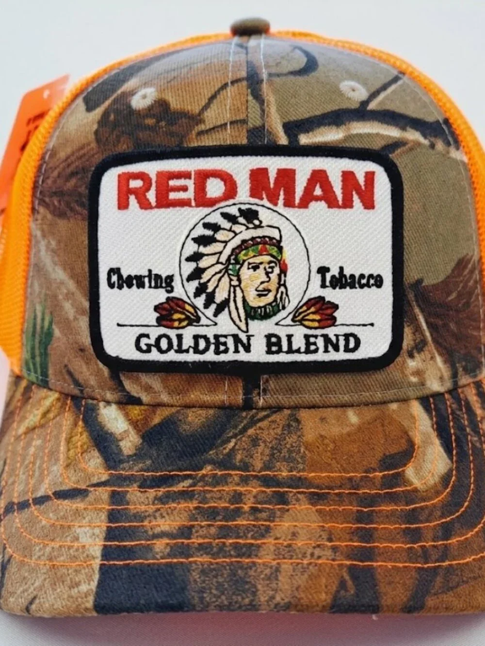 Red Man Tobacco Patch Camo Blaze Orange Trucker Snapback Hat Hunting Cap Chew